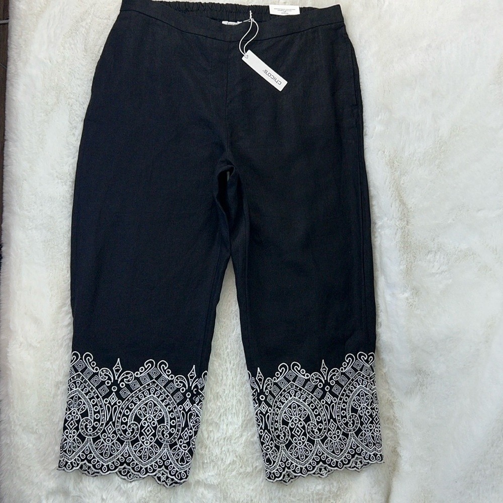 Chicos Linen Crop Straight Pant 14 Black White Embroidered Classic Boho Chic NWT